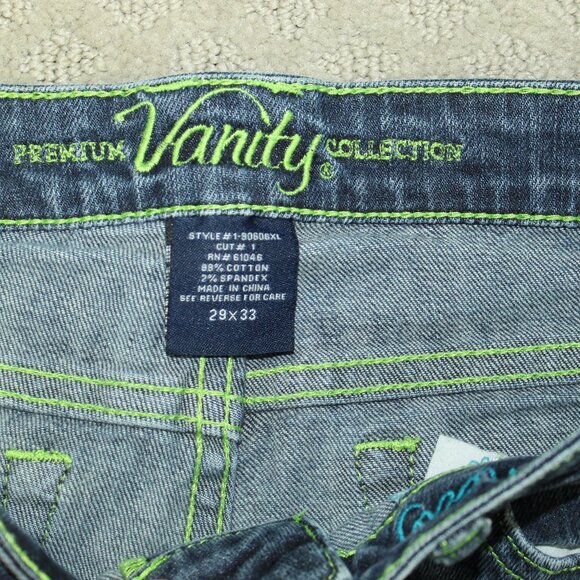 VINTAGE Vanity Kennedy Wm 29x30.5 Low Rise Slim Leg Blue Jeans w Green Stitching - Picture 3 of 8